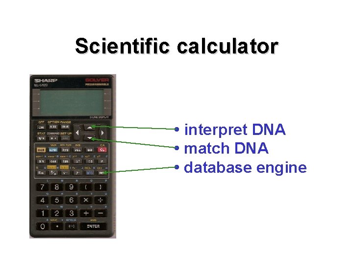 Scientific calculator • interpret DNA • match DNA • database engine 