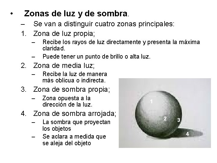  • Zonas de luz y de sombra. – Se van a distinguir cuatro