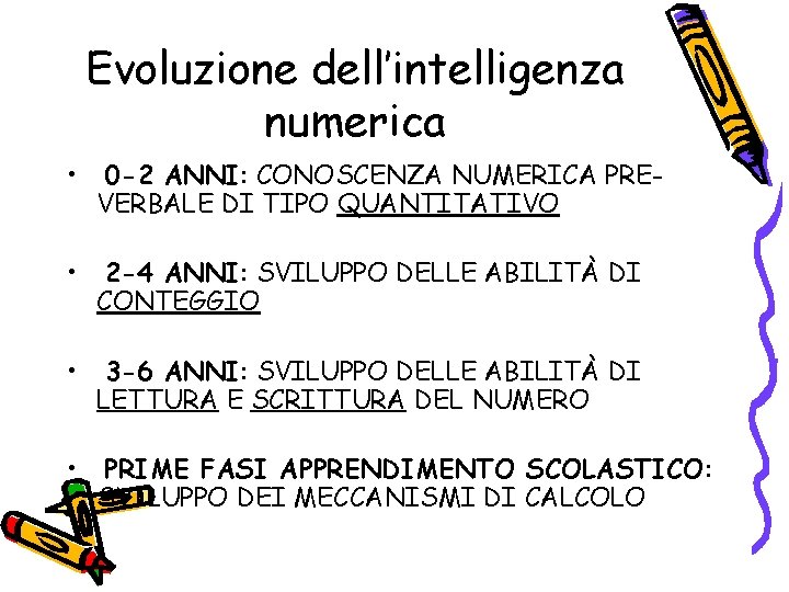 Evoluzione dell’intelligenza numerica • 0 -2 ANNI: CONOSCENZA NUMERICA PREVERBALE DI TIPO QUANTITATIVO •