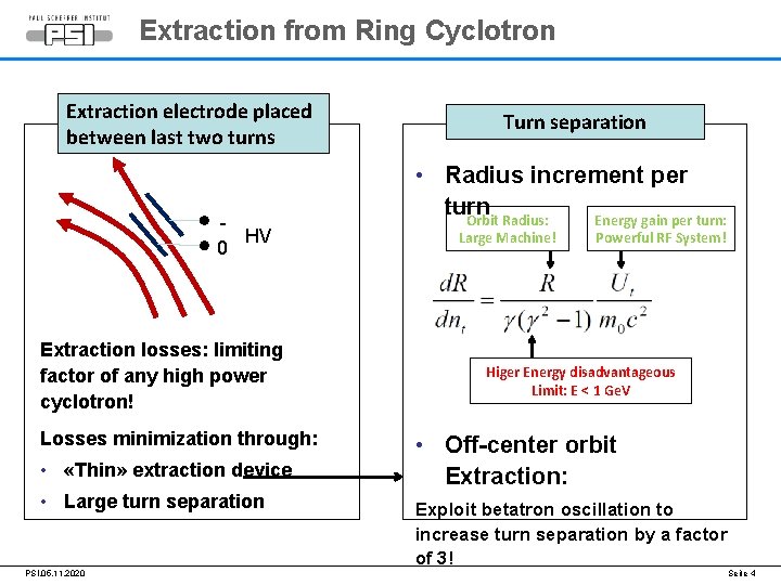 Extraction from Ring Cyclotron Extraction electrode placed between last two turns HV 0 Extraction