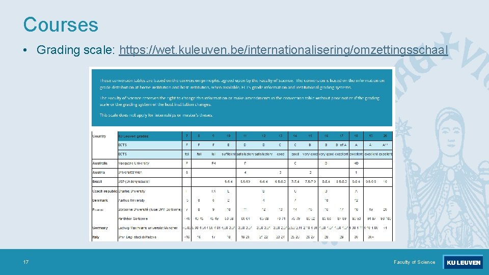 Courses • Grading scale: https: //wet. kuleuven. be/internationalisering/omzettingsschaal 17 Faculty of Science 