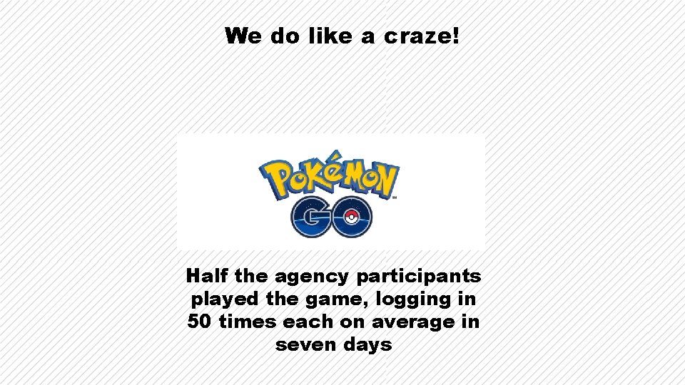 We do like a craze! Half the agency participants played the game, logging in We do like a craze! Half the agency participants played the game, logging in
