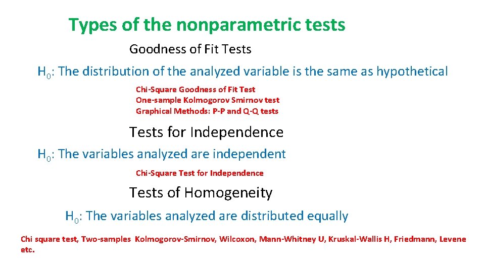 Types of the nonparametric tests Goodness of Fit Tests H 0: The distribution of