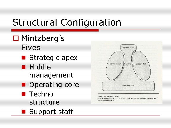 Structural Configuration o Mintzberg’s Fives n Strategic apex n Middle management n Operating core