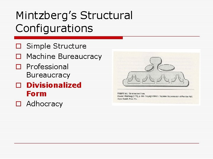 Mintzberg’s Structural Configurations o Simple Structure o Machine Bureaucracy o Professional Bureaucracy o Divisionalized