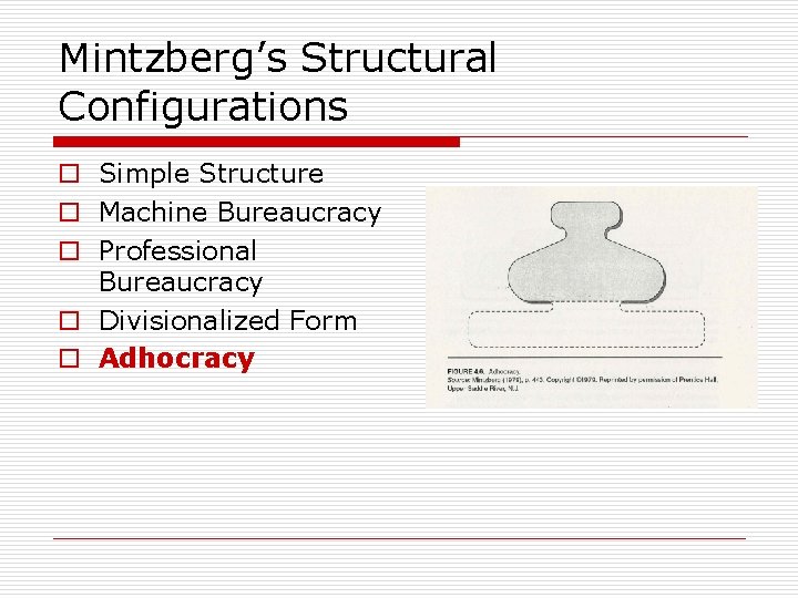 Mintzberg’s Structural Configurations o Simple Structure o Machine Bureaucracy o Professional Bureaucracy o Divisionalized