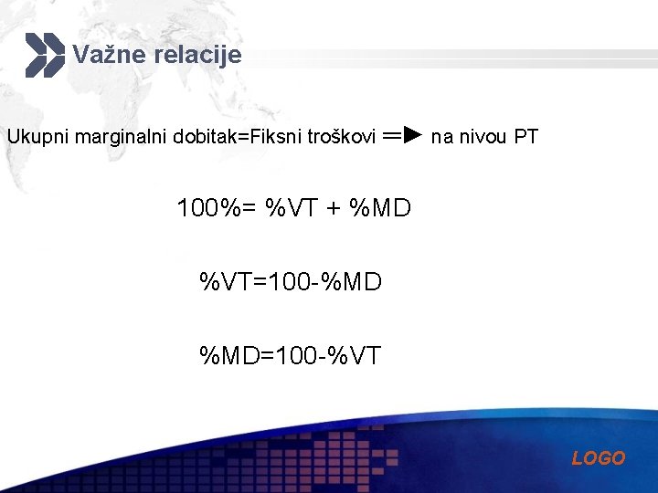 Važne relacije Ukupni marginalni dobitak=Fiksni troškovi ═► na nivou PT 100%= %VT + %MD