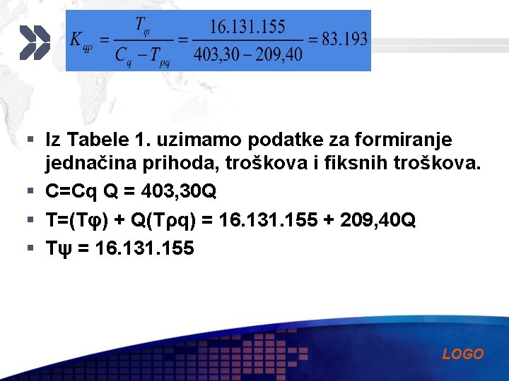 § Iz Tabele 1. uzimamo podatke za formiranje jednačina prihoda, troškova i fiksnih troškova.