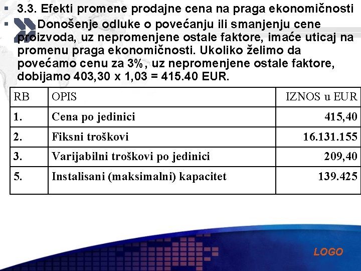 § 3. 3. Efekti promene prodajne cena na praga ekonomičnosti § Donošenje odluke o