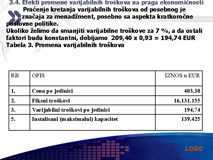 3. 4. Efekti promene varijabilnih troškova na praga ekonomičnosti Praćenje kretanja varijabilnih troškova od