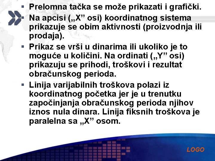 § Prelomna tačka se može prikazati i grafički. § Na apcisi („X” osi) koordinatnog