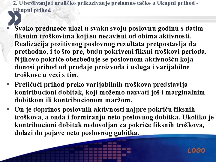 2. Utvrđivanje i grafičko prikazivanje prelomne tačke a Ukupni prihod § Svako preduzeće ulazi