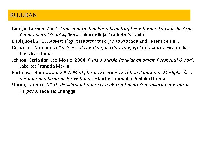 RUJUKAN Bungin, Burhan. 2003. Analisa data Penelitian KUalitatif Pemahaman Filosofis ke Arah Penggunaan Model