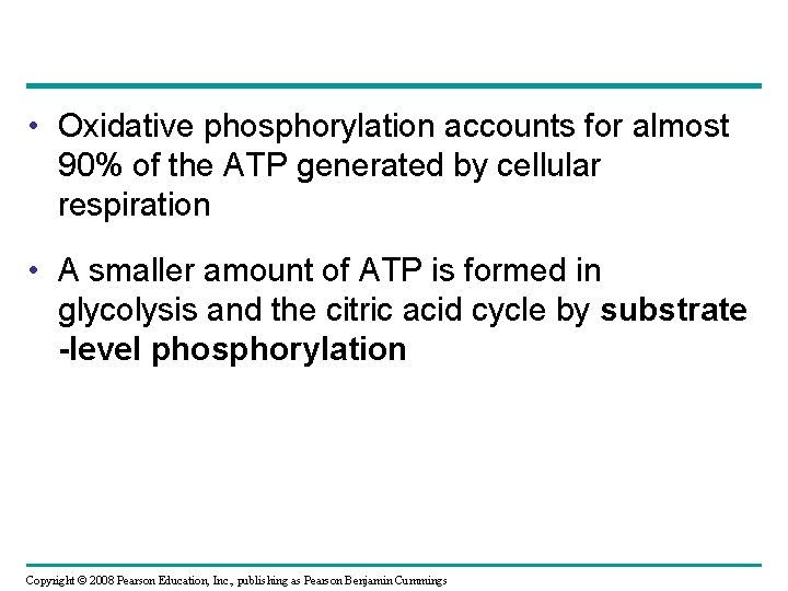  • Oxidative phosphorylation accounts for almost 90% of the ATP generated by cellular