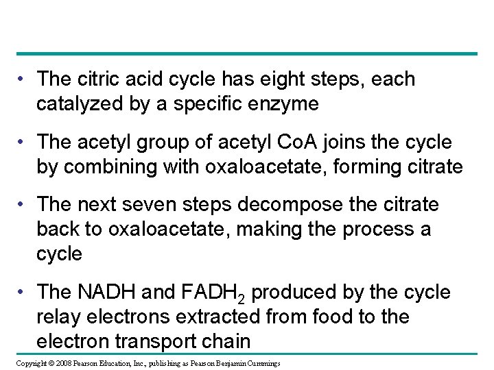  • The citric acid cycle has eight steps, each catalyzed by a specific