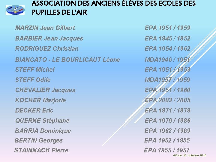 ASSOCIATION DES ANCIENS ÉLÈVES DES ECOLES DES PUPILLES DE L’AIR MARZIN Jean Gilbert EPA