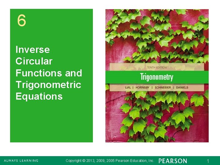 6 Inverse Circular Functions and Trigonometric Equations Copyright © 2013, 2009, 2005 Pearson Education,