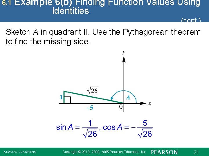 6. 1 Example 6(b) Finding Function Values Using Identities (cont. ) Sketch A in