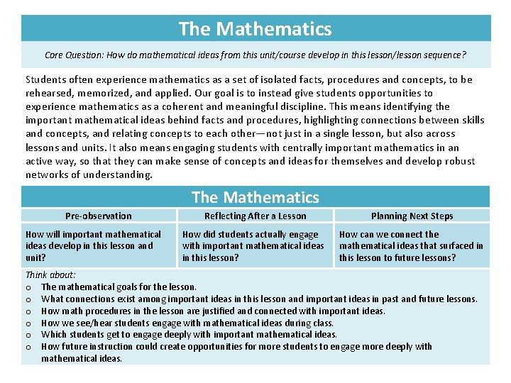 The Mathematics Core Question: How do mathematical ideas from this unit/course develop in this The Mathematics Core Question: How do mathematical ideas from this unit/course develop in this