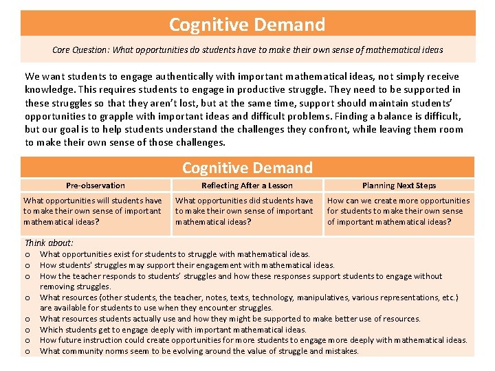 Cognitive Demand Core Question: What opportunities do students have to make their own sense Cognitive Demand Core Question: What opportunities do students have to make their own sense