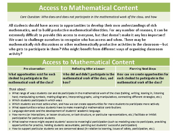 Access to Mathematical Content Core Question: Who does and does not participate in the Access to Mathematical Content Core Question: Who does and does not participate in the