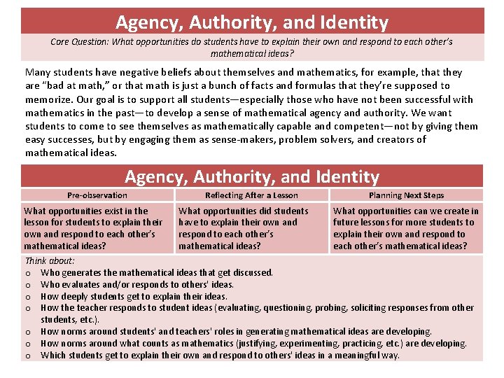 Agency, Authority, and Identity Core Question: What opportunities do students have to explain their Agency, Authority, and Identity Core Question: What opportunities do students have to explain their