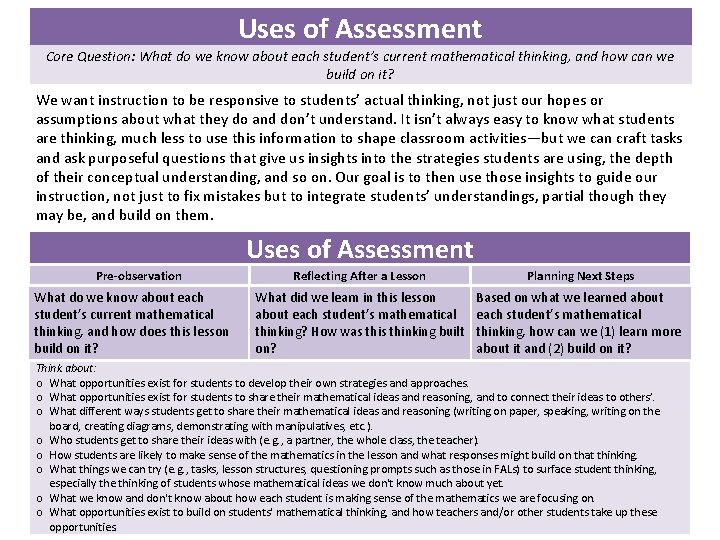 Uses of Assessment Core Question: What do we know about each student’s current mathematical Uses of Assessment Core Question: What do we know about each student’s current mathematical