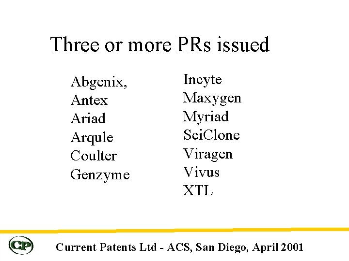 Three or more PRs issued Abgenix, Antex Ariad Arqule Coulter Genzyme Incyte Maxygen Myriad