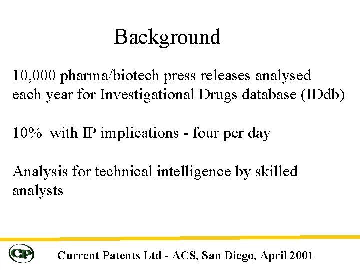 Background 10, 000 pharma/biotech press releases analysed each year for Investigational Drugs database (IDdb)