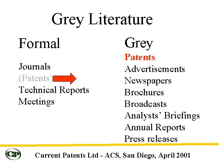 Grey Literature Formal Journals (Patents) Technical Reports Meetings Grey Patents Advertisements Newspapers Brochures Broadcasts