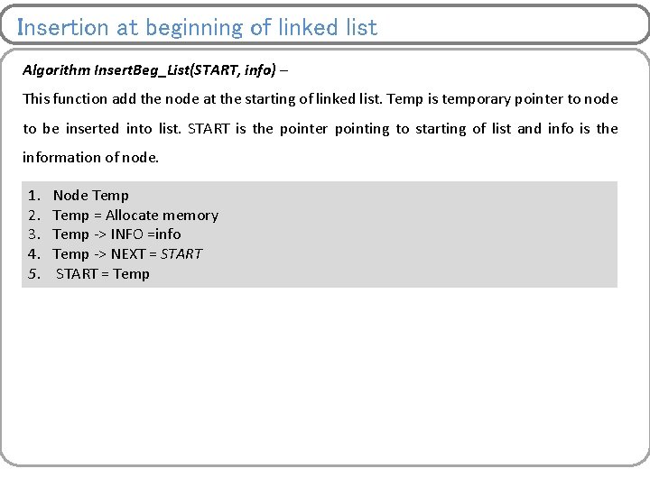 Insertion at beginning of linked list Algorithm Insert. Beg_List(START, info) – This function add