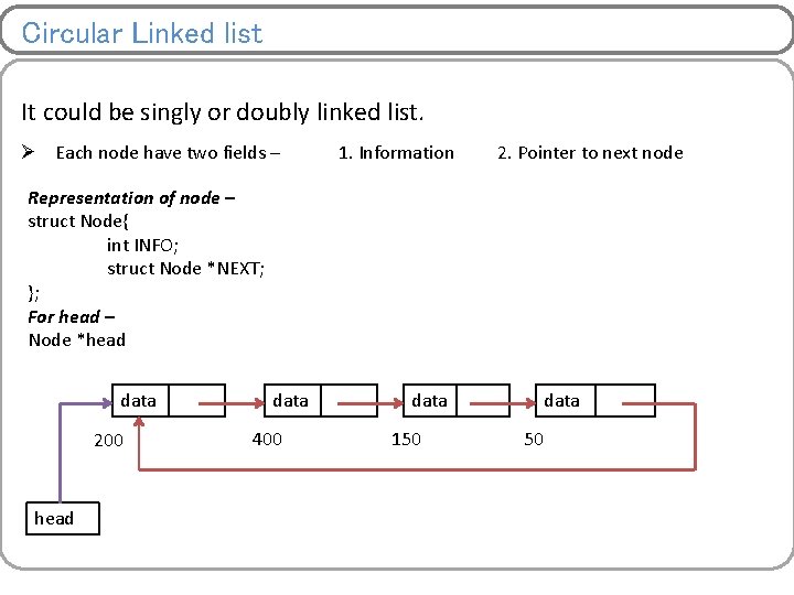 Circular Linked list It could be singly or doubly linked list. Ø Each node