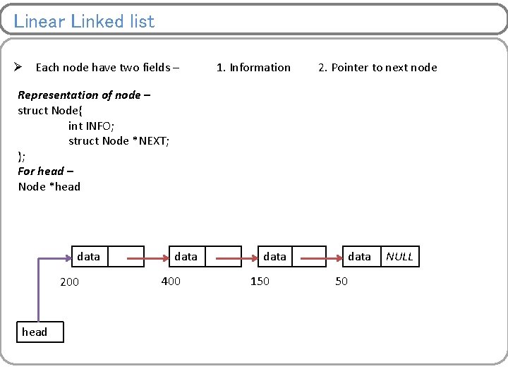Linear Linked list Ø Each node have two fields – 1. Information 2. Pointer