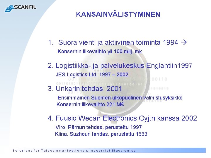 KANSAINVÄLISTYMINEN 1. Suora vienti ja aktiivinen toiminta 1994 Konsernin liikevaihto yli 100 milj. mk