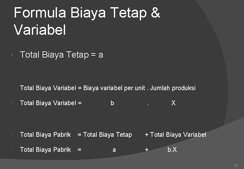 Formula Biaya Tetap & Variabel Total Biaya Tetap = a Total Biaya Variabel =