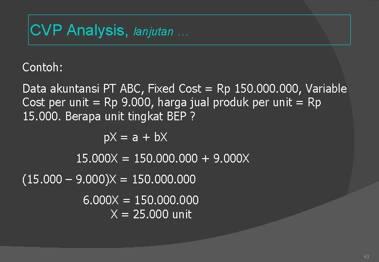 CVP Analysis, lanjutan … Contoh: Data akuntansi PT ABC, Fixed Cost = Rp 150.