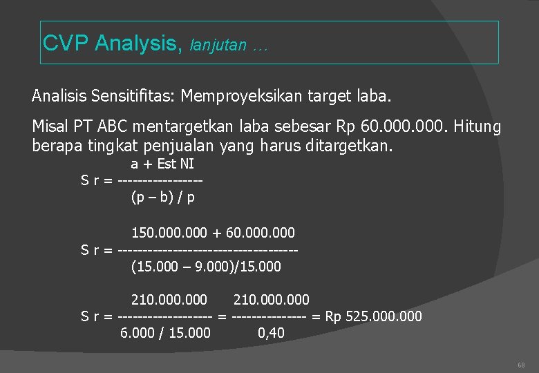 CVP Analysis, lanjutan … Analisis Sensitifitas: Memproyeksikan target laba. Misal PT ABC mentargetkan laba