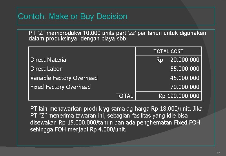 Contoh: Make or Buy Decision PT “Z” memproduksi 10. 000 units part ‘zz’ per