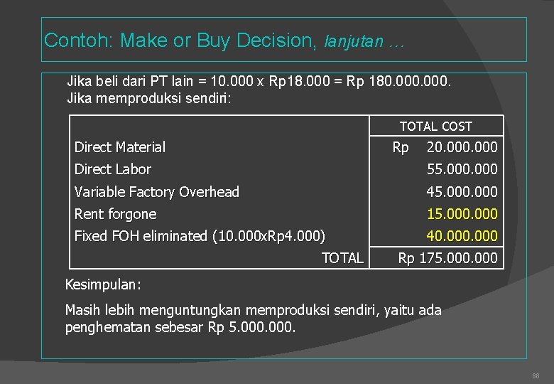 Contoh: Make or Buy Decision, lanjutan … Jika beli dari PT lain = 10.