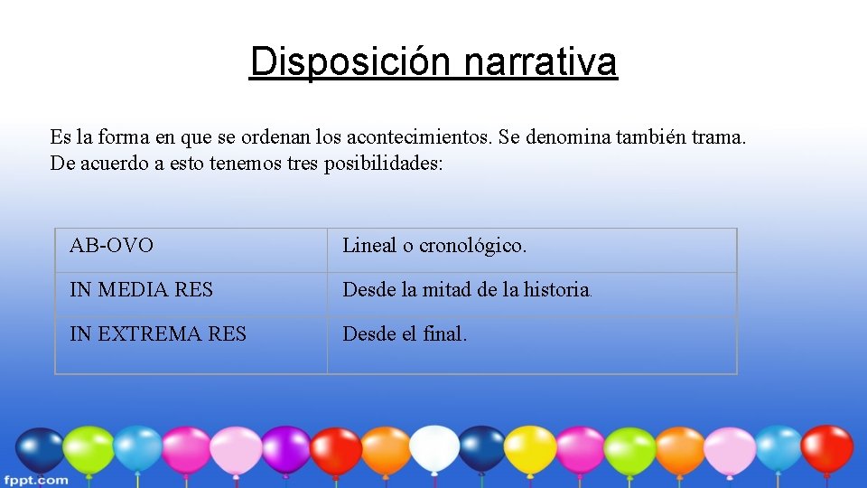 Disposición narrativa Es la forma en que se ordenan los acontecimientos. Se denomina también