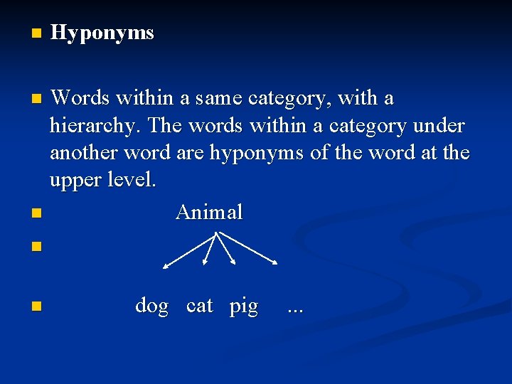 n Hyponyms Words within a same category, with a hierarchy. The words within a