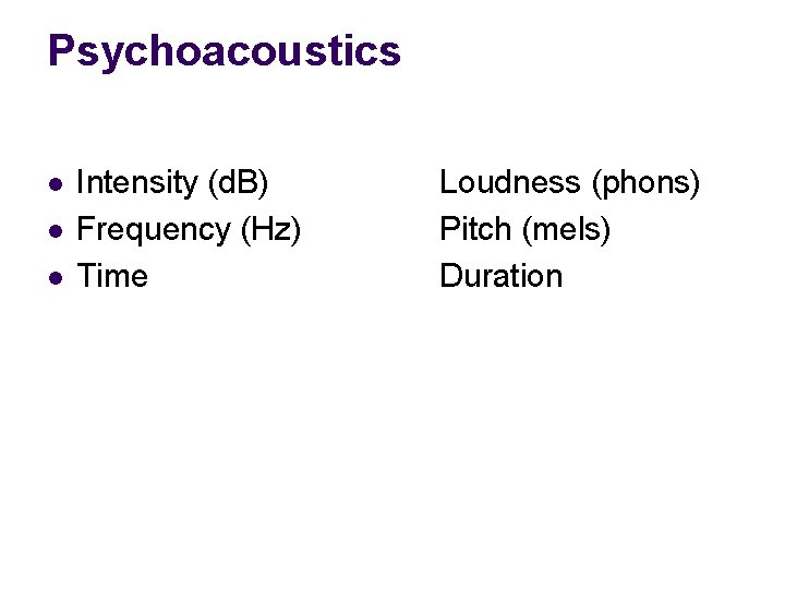 Psychoacoustics l l l Intensity (d. B) Frequency (Hz) Time Loudness (phons) Pitch (mels)