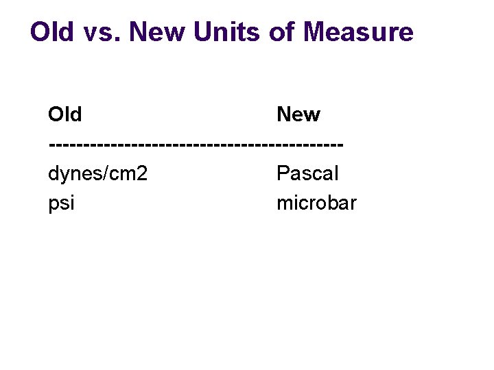 Old vs. New Units of Measure Old New ---------------------dynes/cm 2 Pascal psi microbar 