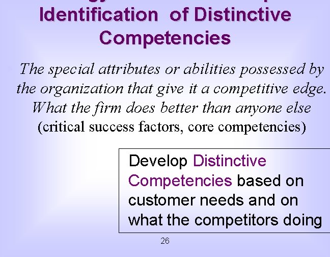Identification of Distinctive Competencies · The special attributes or abilities possessed by the organization