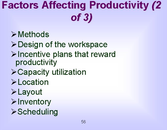 Factors Affecting Productivity (2 of 3) ØMethods ØDesign of the workspace ØIncentive plans that