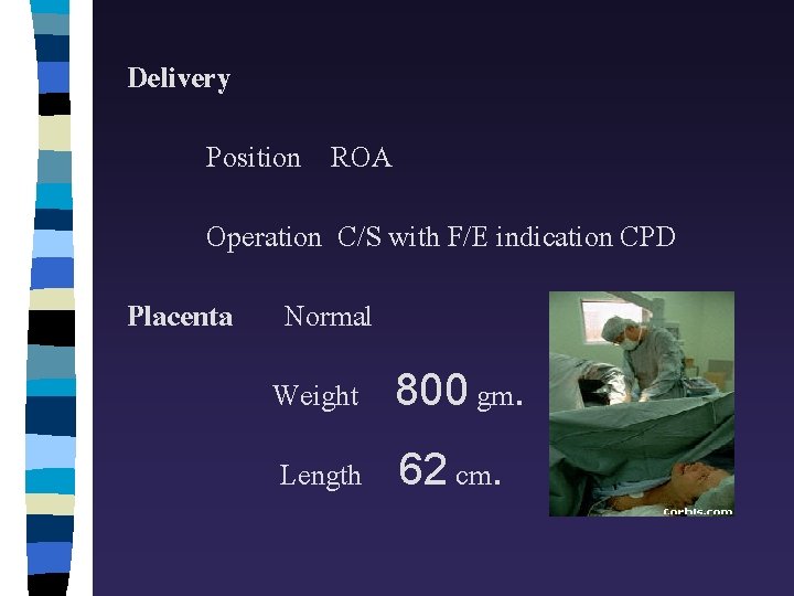 Delivery Position ROA Operation C/S with F/E indication CPD Placenta Normal Weight 800 gm.