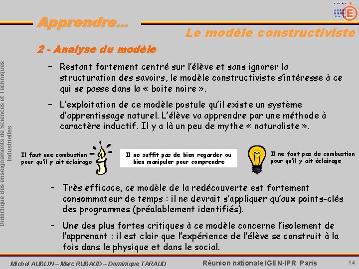 Apprendre. . . Le modèle constructiviste Didactique des enseignements de Sciences et Techniques Industrielles