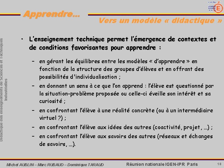 Didactique des enseignements de Sciences et Techniques Industrielles Apprendre. . . Vers un modèle