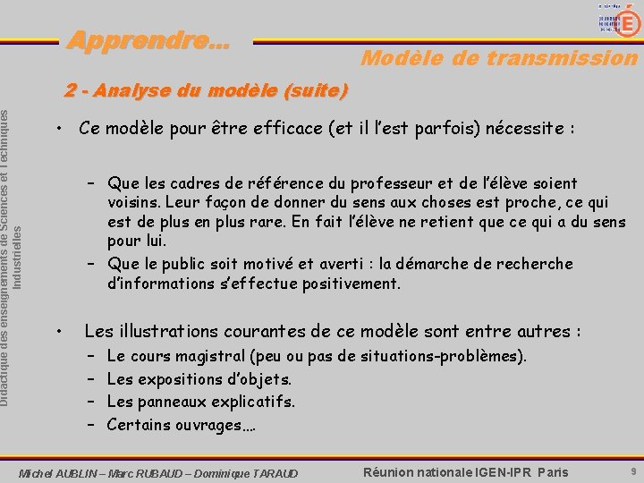 Apprendre. . . Modèle de transmission Didactique des enseignements de Sciences et Techniques Industrielles