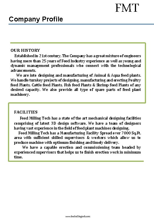 FMT Company Profile OUR HISTORY Established in 21 st century, The Company has a